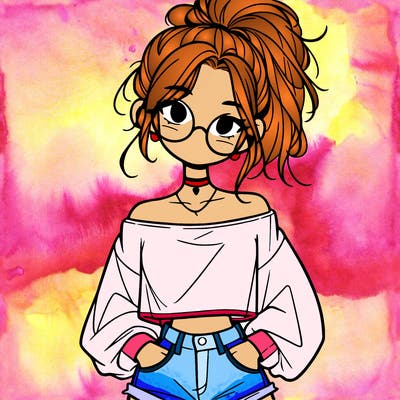 girl with a messy ponytail glasses a baggy crop top and jean shorts