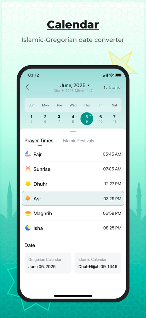 Athan 360: Prayer Times - Athan 360 app interface showing the Islamic and Gregorian calendar converter alongside daily prayer times.