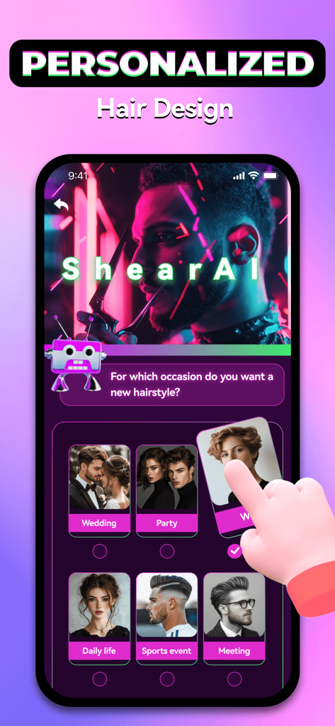 Écran de sélection de design de coiffure personnalisé dans l'application Hiohub