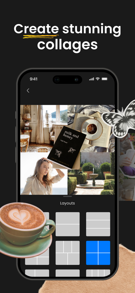 Seamless Carousel Collage PSTR - A smartphone screen showing the PSTR app interface for creating aesthetic photo collages and carousel layouts