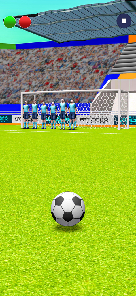 Penalty Kick: Football Games - Un ballon de football sur le terrain, prêt pour un coup franc contre un mur de défenseurs dans un stade.