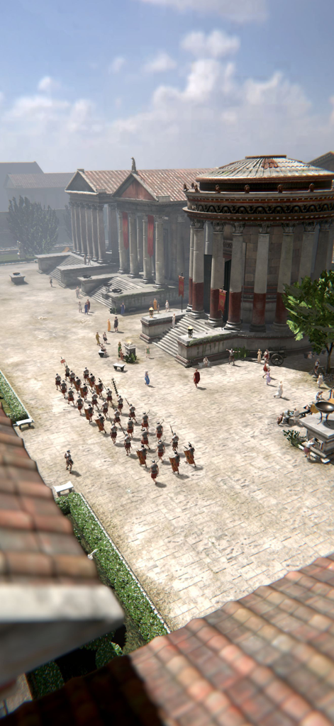 Ricostruzione XR 3D ad alta risoluzione di un antico foro romano con soldati che marciano e templi classici