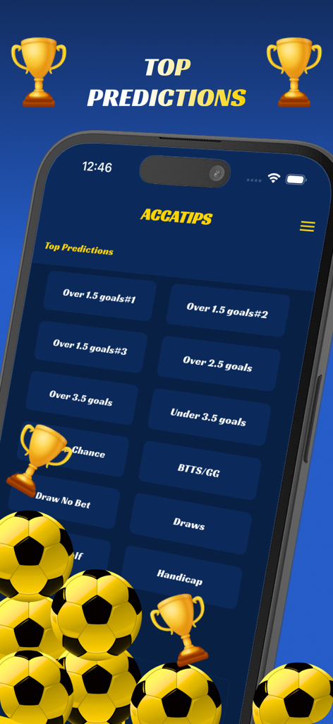 Betting Tips - Acca Prediction - A mobile interface of the Betting Tips app showing top soccer prediction categories like over under goals and BTTS.