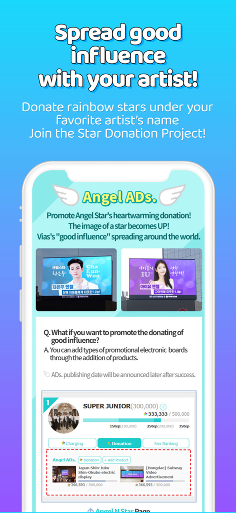 FAN N STAR - Fan N Star app interface showing the Star Donation Project and Angel ADs for K-pop idols