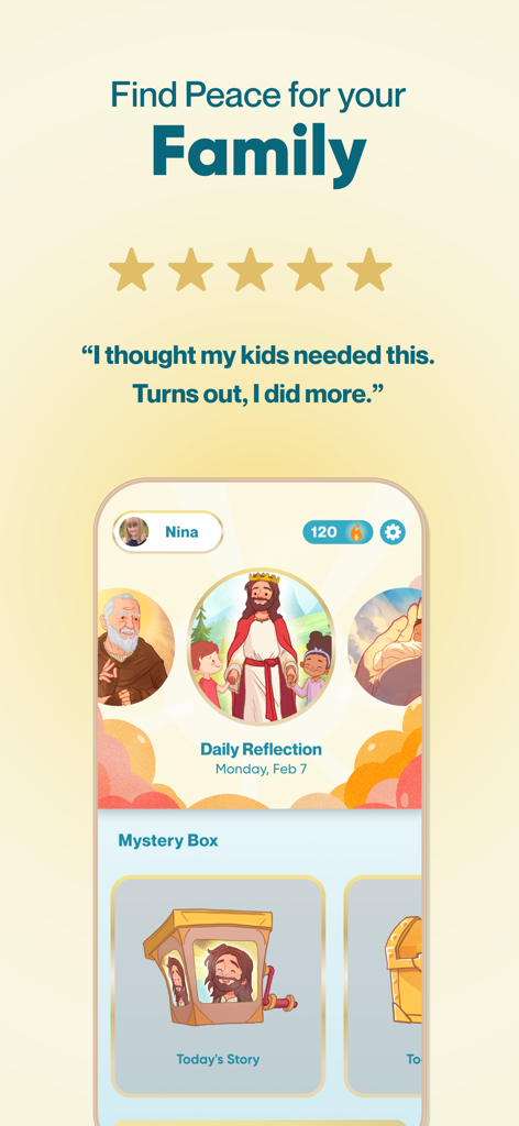 Theo: Prayer & Meditation - Interfaz de la aplicación Theo que muestra reflexiones cristianas diarias e historias bíblicas para familias