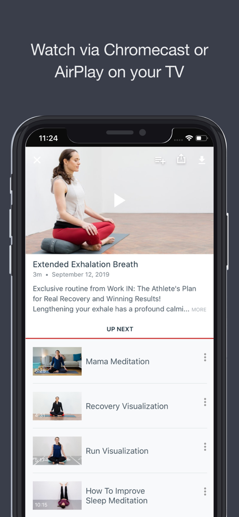 Athletes for Yoga - Athletes for Yoga app interface showing video streaming options for TV and recovery meditation lists