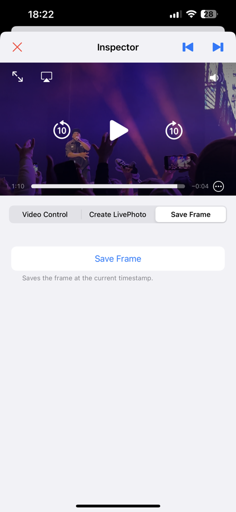 Interfaz de la aplicación Video to Frames que muestra la función Guardar Fotograma utilizada en un clip de vídeo de concierto