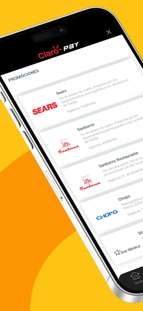 Claro Pay - Claro Pay mobile app screen showing shopping promotions and cashback offers at Mexican retailers like Sears and Sanborns
