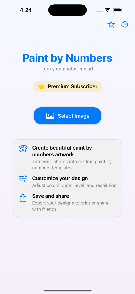 ColorCrafter: Paint by Numbers - Pantalla de inicio de la aplicación ColorCrafter mostrando el botón Seleccionar Imagen para convertir fotos personales en arte de pintura por números.