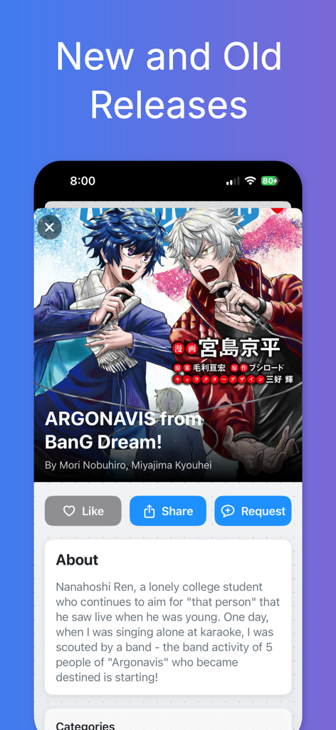 Crunch - Manga and Comics - Interface of the Crunch app showcasing the ARGONAVIS from BanG Dream manga and new releases.