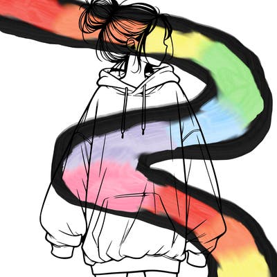 realistic girl with a oversized sweatshirt on and a bun