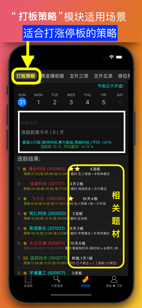 Mobile interface of the pick strong stocks app displaying stock selection results and the board strategy module for traders.