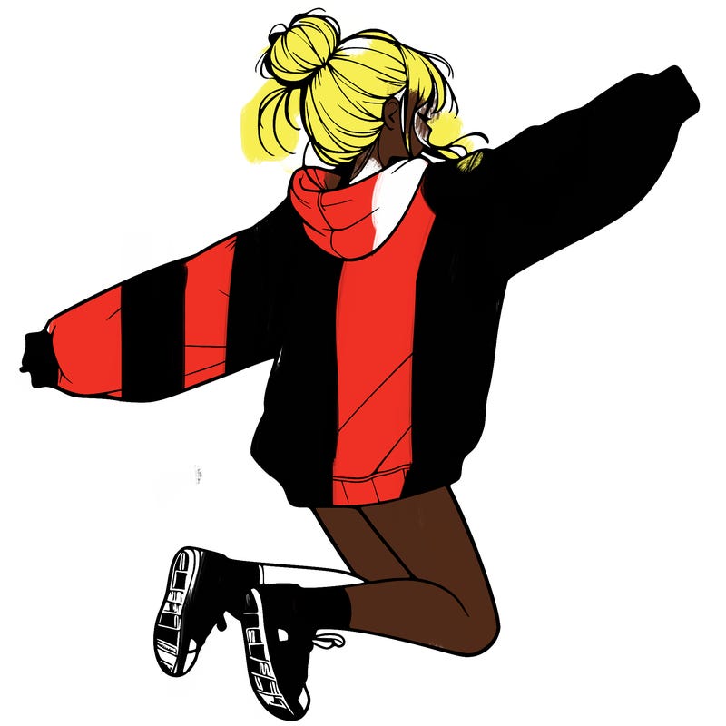 realistic girl jumping with a bun and oversized sweatshirt