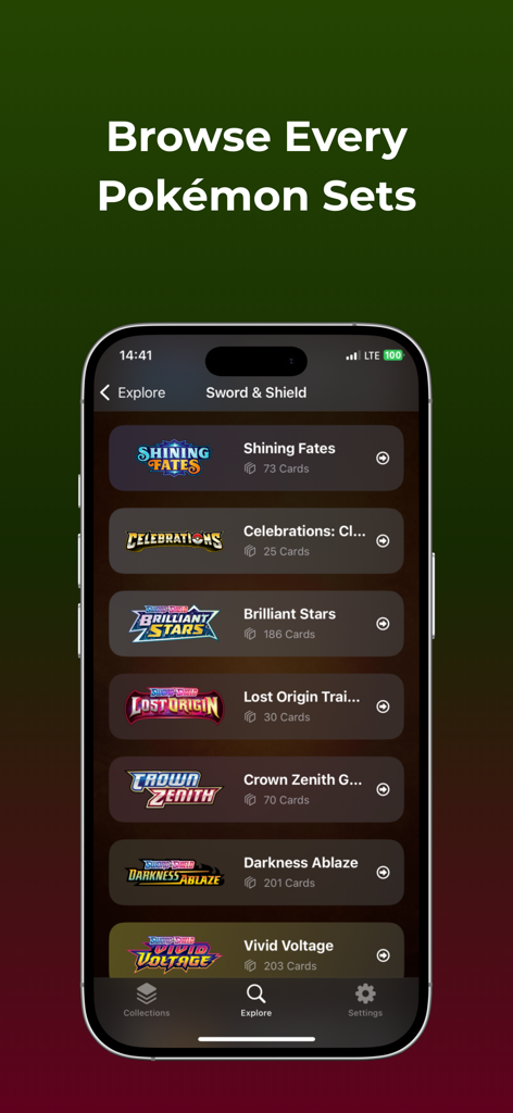 TCG Card Scanner & Collector - A mobile app screen showing a list of Pokémon card sets including Brilliant Stars and Crown Zenith.