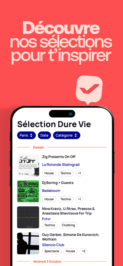 durevie: agenda sorties & news - Pantalla móvil de la aplicación Durevie que muestra listados curados de eventos de música electrónica para noches de house y techno
