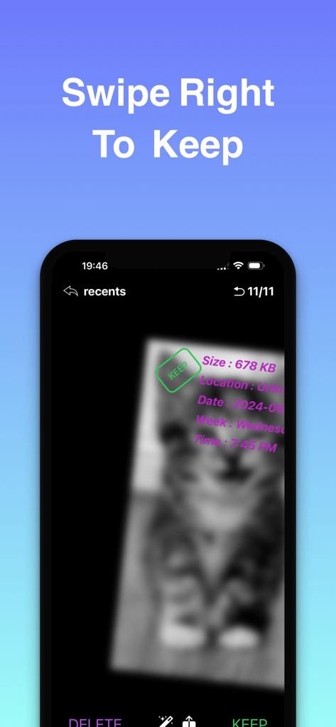 Photoswipe : Photo Cleaner - Photoswipe app interface showing the swipe right to keep gesture for photo management