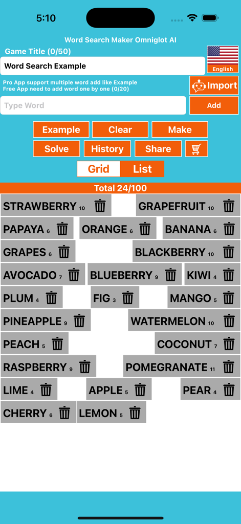 Interfaz de la aplicación Word Search Maker Omniglot que muestra una lista de frutas que se agregan a un rompecabezas personalizado