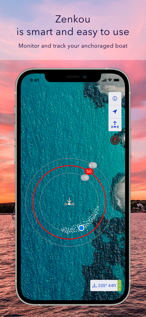 iPhone screen showing Zenkou Pro anchor alarm with boat movement tracking on a sea map