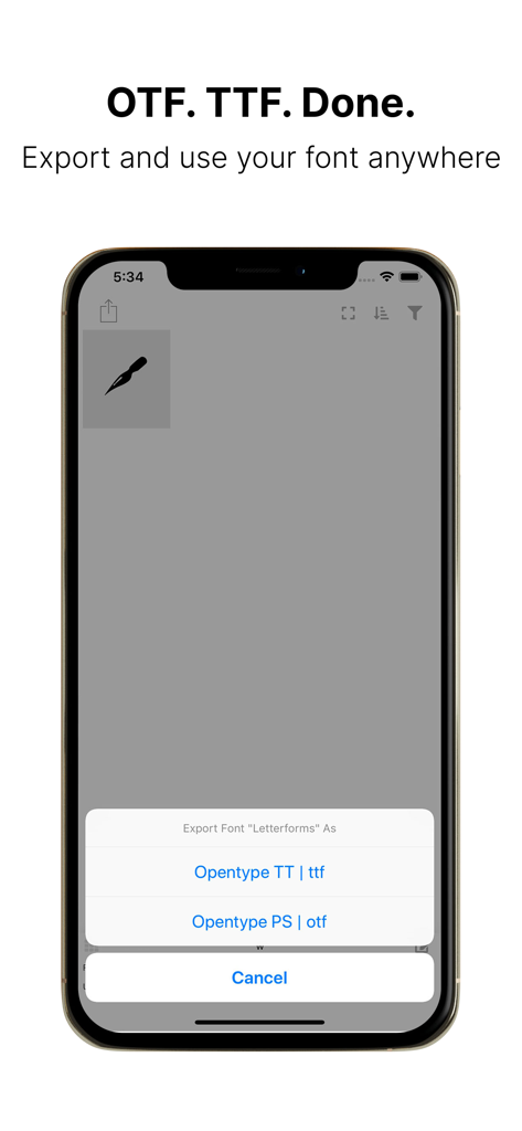 Letterforms - Font Maker - iPhone screen showing font export options for OTF and TTF formats in the Letterforms app