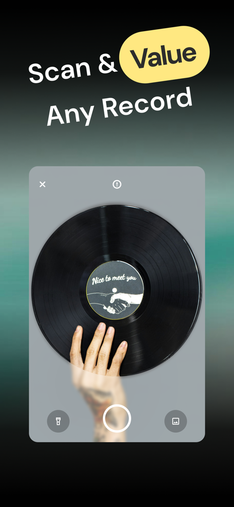 Vinyl Value: Scan & Identify - A hand holding a vinyl record in front of a mobile app scanner interface to identify and value it