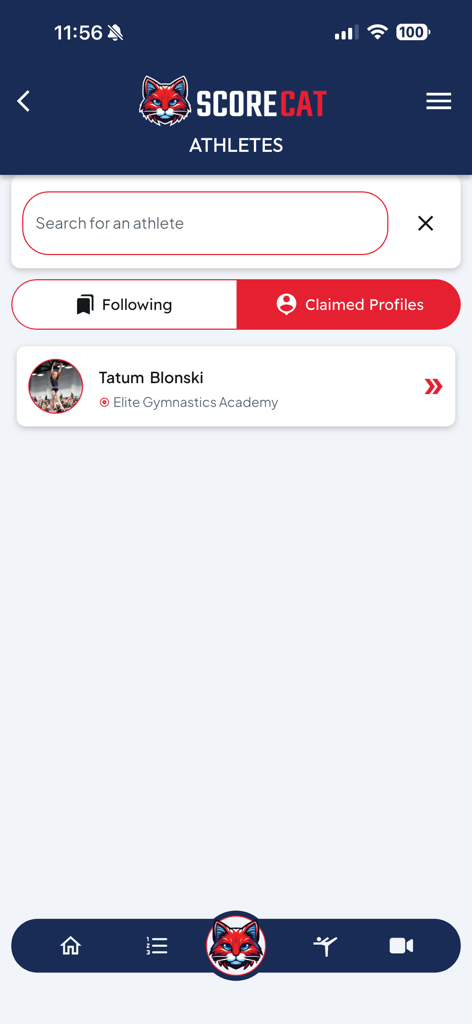 ScoreCat app interface for searching and tracking gymnastics athlete profiles.