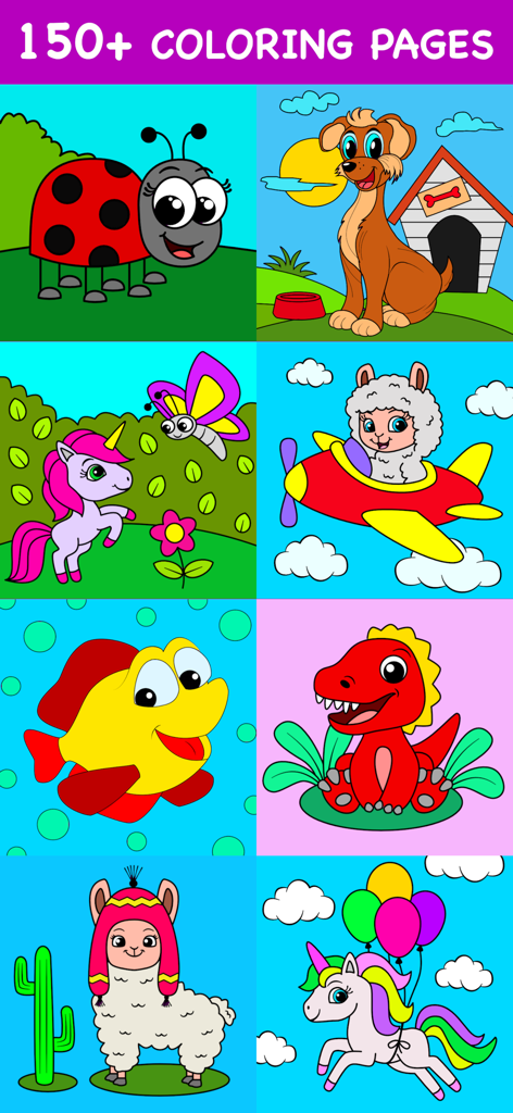 Animal Coloring Book Baby Pets - Una colección de lindas páginas para colorear de animales que incluyen un perro, un dinosaurio y un unicornio.