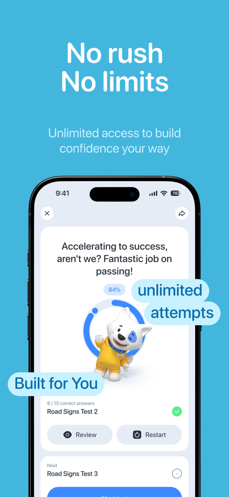 DMV Practice Test & Drivers Ed - A smartphone displaying a passing score on a DMV practice test with a message about unlimited access and no limits