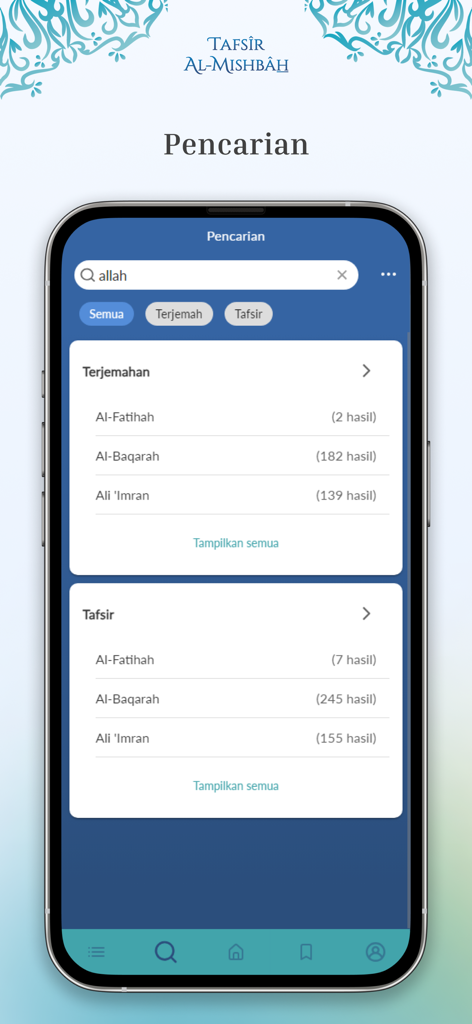 Tafsir Al-Misbah - Search screen in the Tafsir Al-Misbah mobile app displaying search results for translation and exegesis.