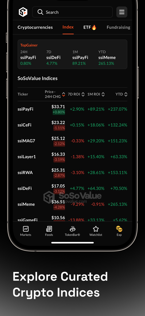 SoSoValue app screen showing curated crypto market indices and performance metrics