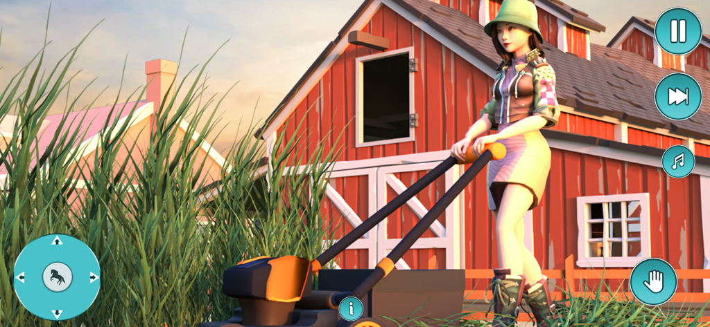 Un personaje 3D usando una cortadora de césped para cortar el pasto frente a un granero rojo en un juego simulador de granja