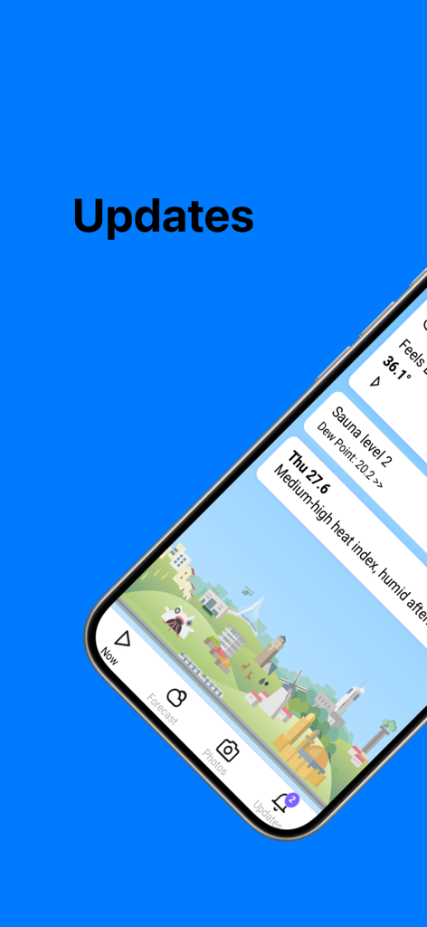 ירושמיים Jerusky - Jerusky app updates screen displaying heat index and weather alerts for Jerusalem with a stylized city illustration