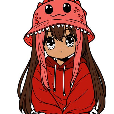 girl with anime shaped eyes with a dinosaur bucket hat oversized sweatshirt long straight hair