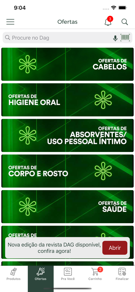 Aplicación móvil Dag Distribuidor que muestra varias categorías de ofertas de productos al por mayor, como cuidado del cabello e higiene bucal.