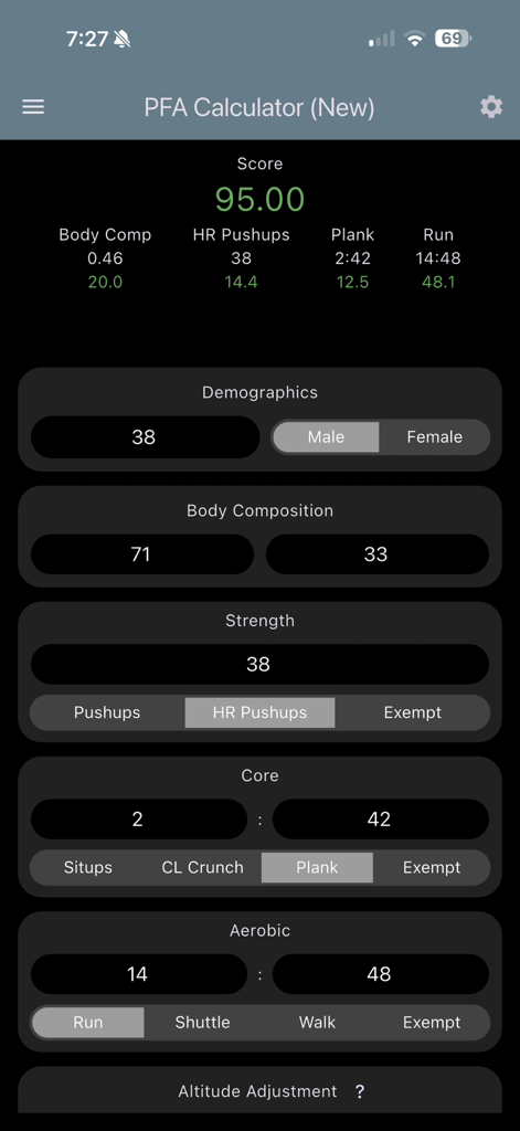 USAF PFA & USSF HPA Calculator - Interface of the USAF PFA and USSF HPA calculator showing a fitness score of 95