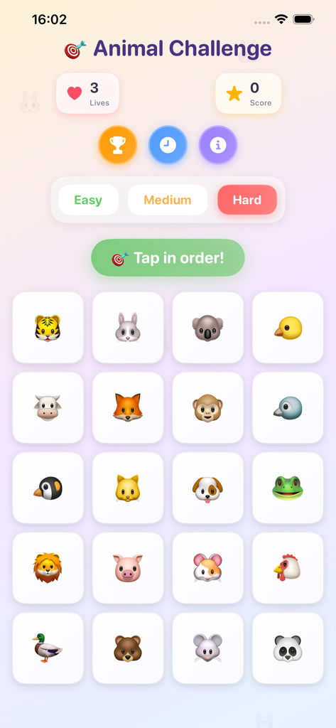 Tugomchi - Tugomchiアプリのゲームプレイ画面。動物カードのグリッドと難易度オプションが表示されています。