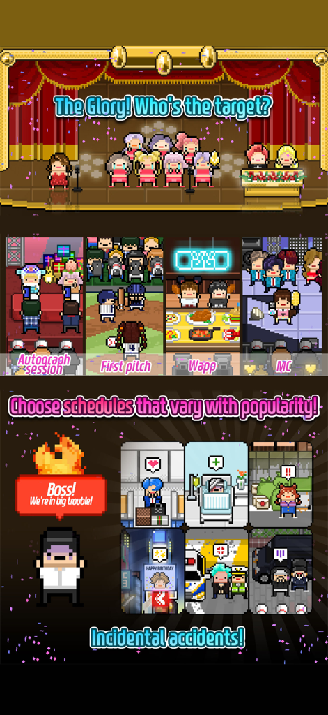 Pixel art gameplay of Monthly Idol showing K-pop group activities including award ceremonies, autograph sessions, and management events.