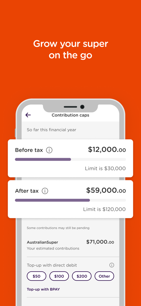 AustralianSuper - AustralianSuper app interface showing before and after tax contribution caps with progress bars
