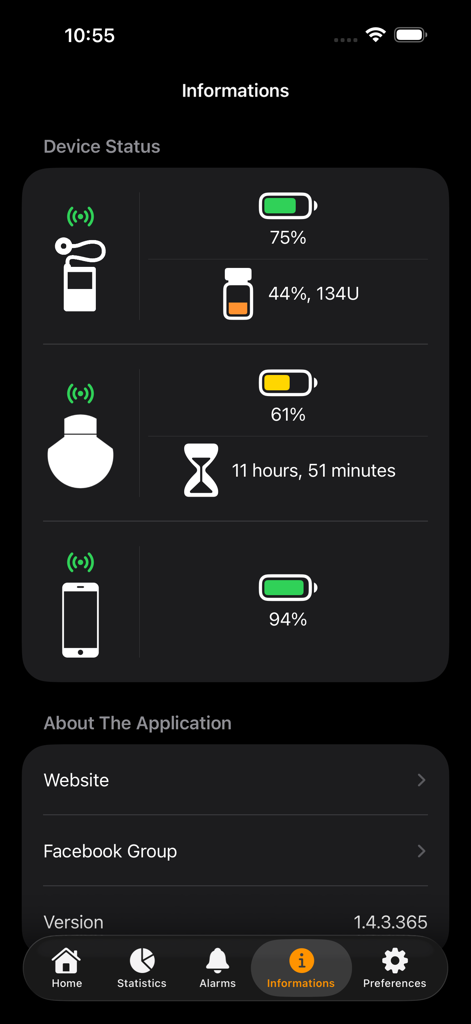 Guardian Monitor - Device status screen in Guardian Monitor app showing battery and insulin levels for medical devices