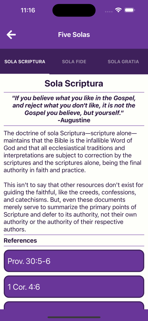 Reformed Companion - A screenshot of the Reformed Companion app displaying the doctrine of Sola Scriptura with an Augustine quote and biblical references.