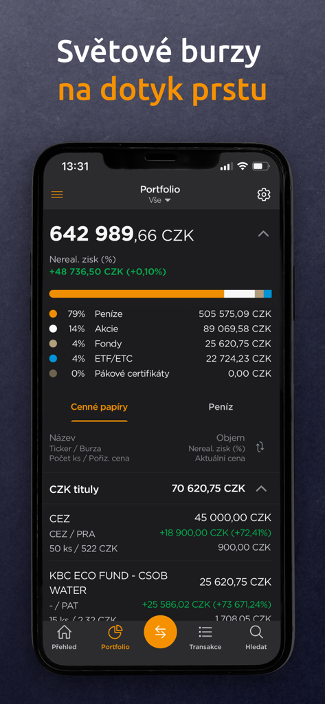 Patria Finance mobile app portfolio screen displaying investment details and asset distribution