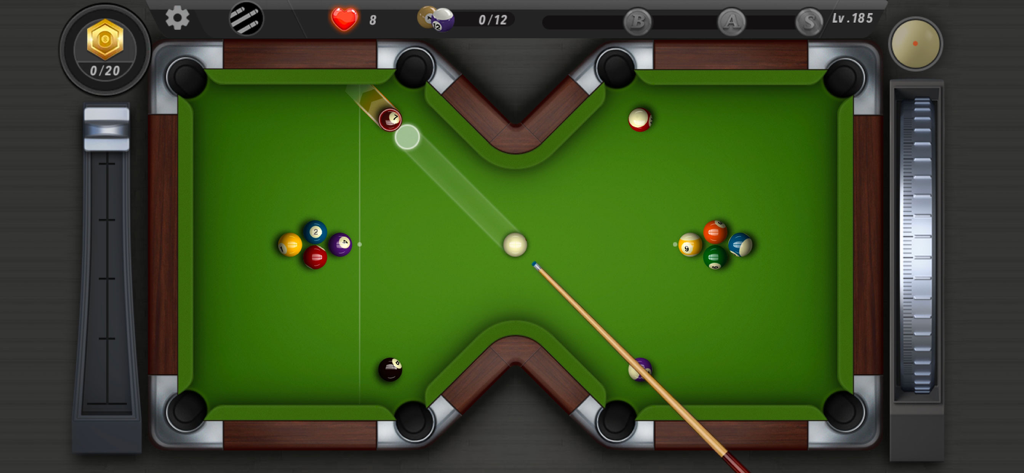 Top down view of an X shaped pool table in Pooking Billiards City game