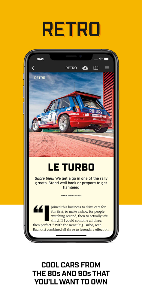 Top Gear Magazine - Seção retrô do aplicativo da Revista Top Gear apresentando um carro de rali clássico Renault 5 Turbo