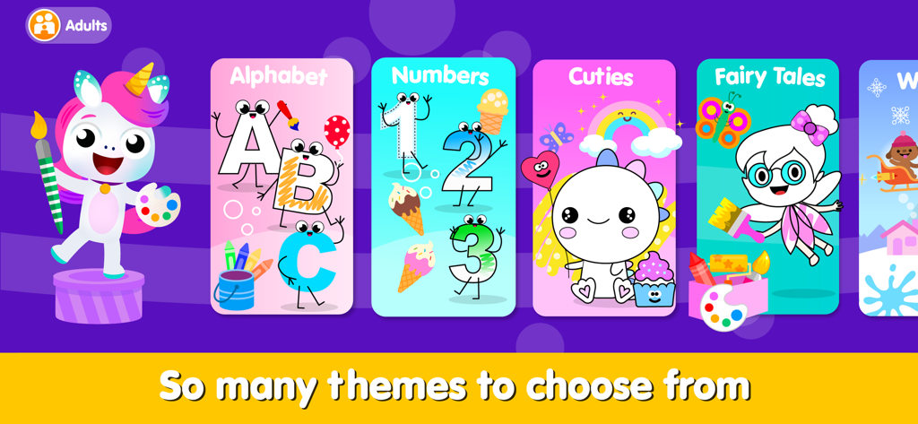 Main menu of Coloring and Drawing Games showing different themes like Alphabet, Numbers, Cuties, and Fairy Tales.