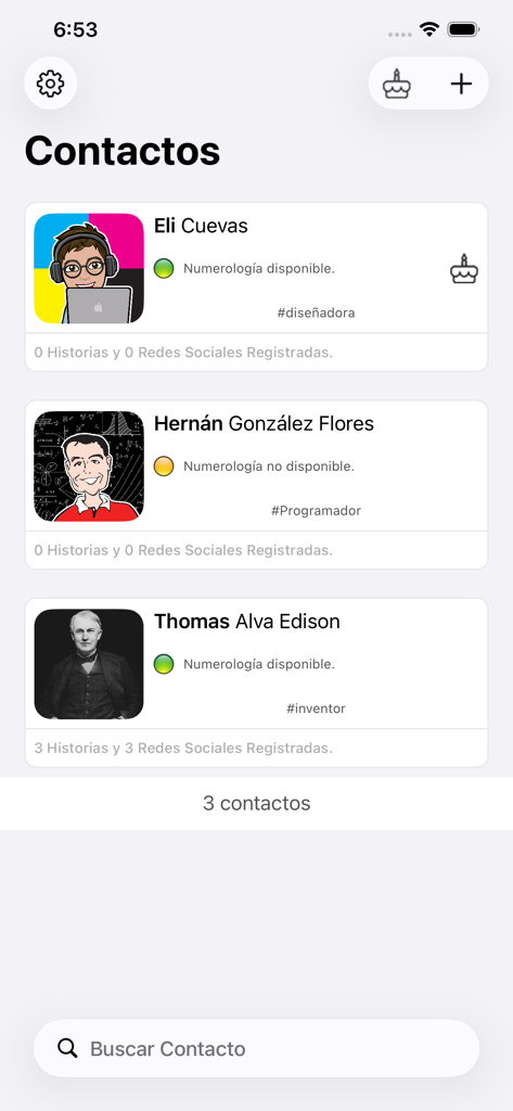ContactLog - ContactLog app interface displaying a list of saved contacts with profile pictures names and numerology availability status