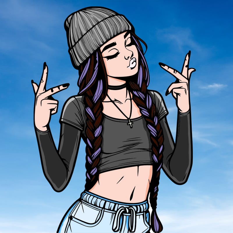 realistic teenage girl with braids and a beanie and crop top doing 🫶🏼