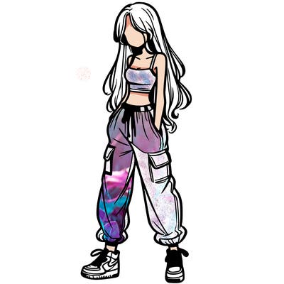 girl in baggy pants crop top and long hair
