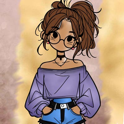 girl with a messy ponytail glasses a baggy crop top and jean shorts