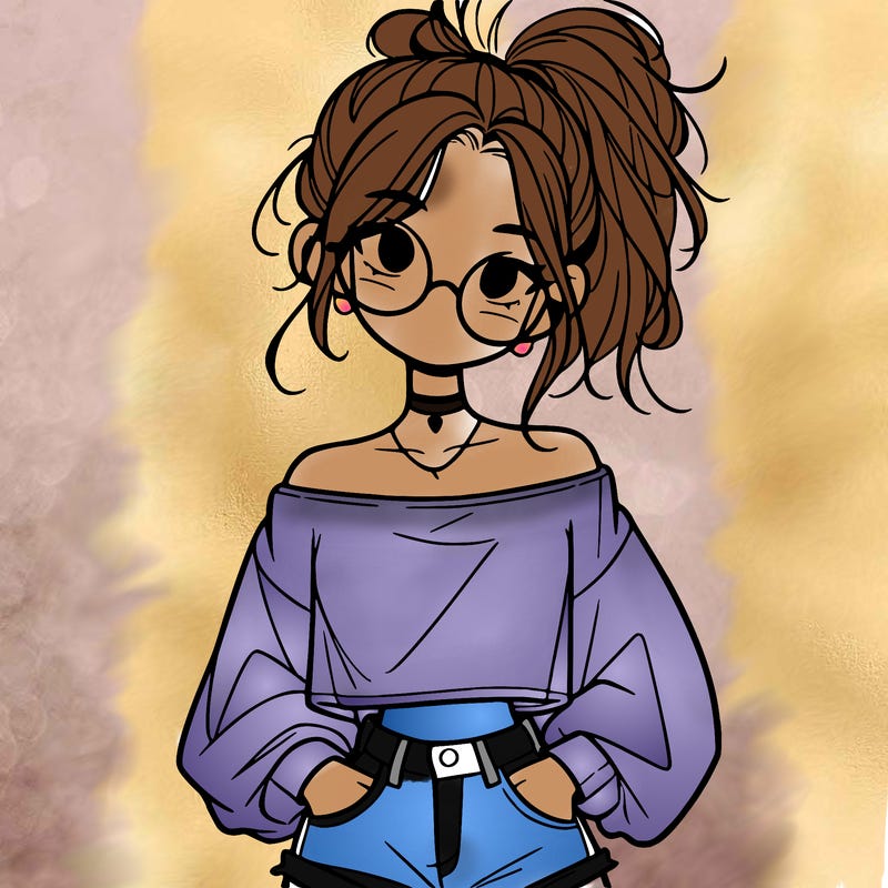 girl with a messy ponytail glasses a baggy crop top and jean shorts