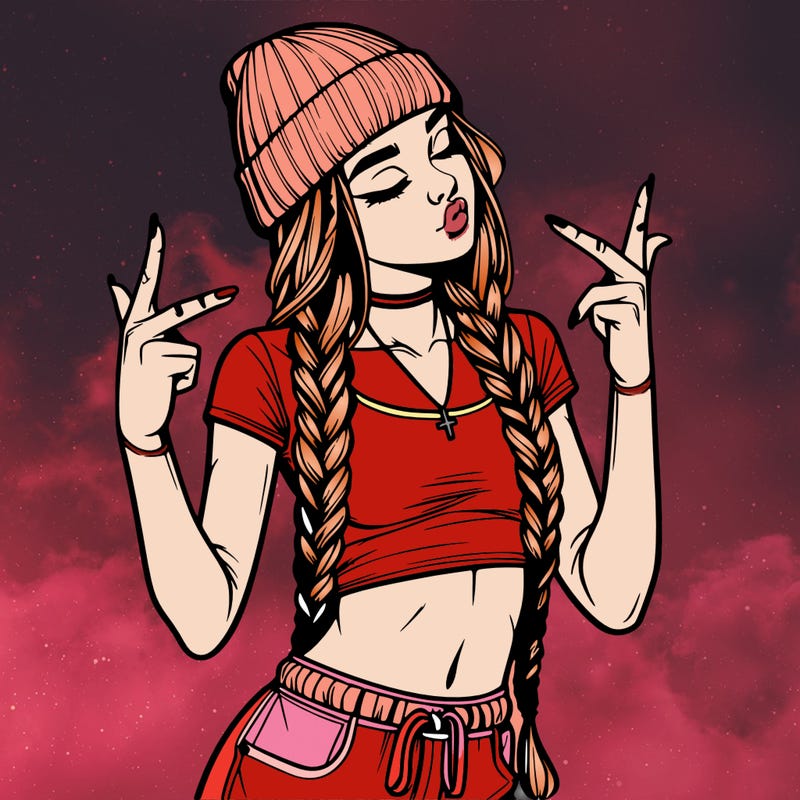 realistic teenage girl with braids and a beanie and crop top doing 🫶🏼