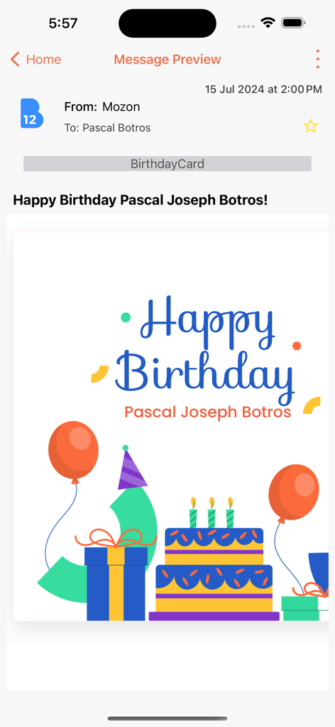 B12 App - B12 school portal message preview showing a personalized happy birthday card with a cake and balloons